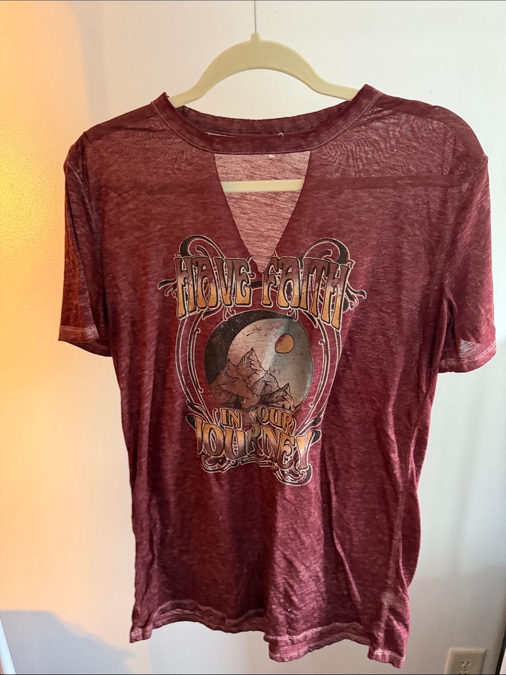 Maurices Burgundy Graphic V-Neck Short Sleeve Tee with Cutout